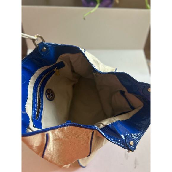 Tory Burch Canvas Tote Purse Bag Beach Beige Navy Blue w/ Gold Logo - Picture 7 of 11